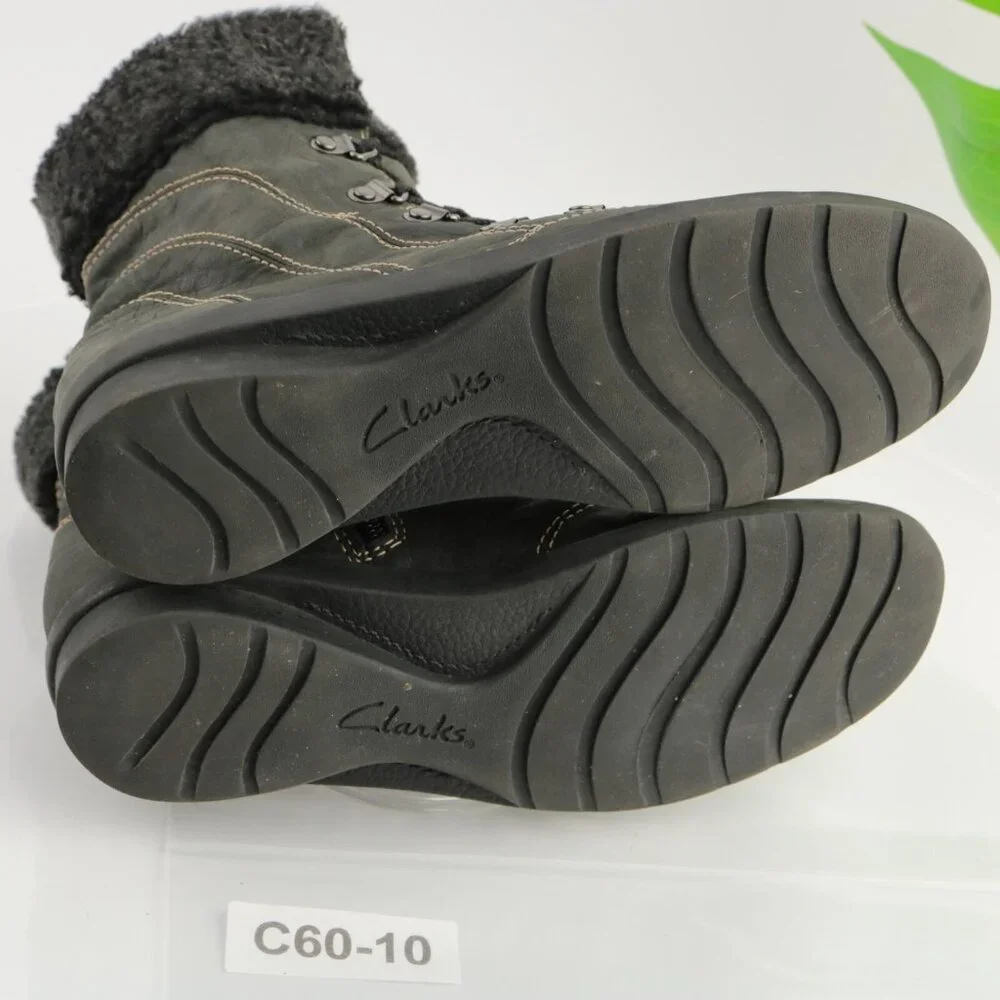 Clarks Womens Nikki Imperial Boot Size 8.5 Black Leather Lace Up Faux Fur Bootie